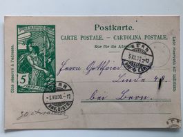 antike Postkarte, 1900, 5 Cts grün, von Bern nach Bern