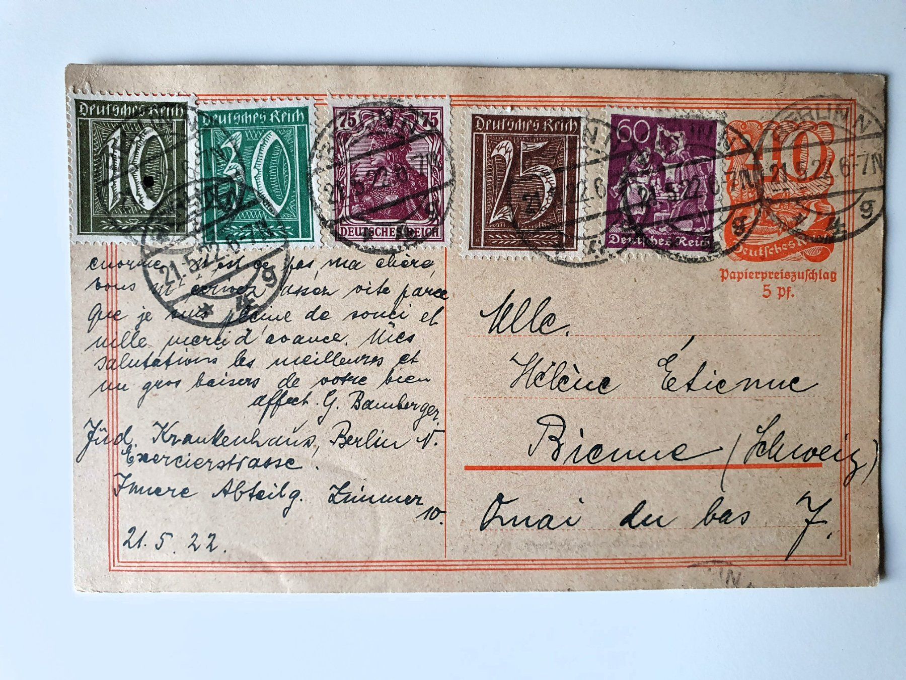 Cartoline postali: Carte postale, Postkarte, Berlin mai 1922 – Usato da Martigny venduto da Abm1000
