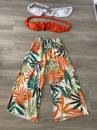 Sommer-Set: Bikini-Top Weiss, Orange & Palazzo Hose Gr. M