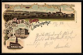 Lithographie Oberwinterthur, Panorama, Schulhaus und Kirche