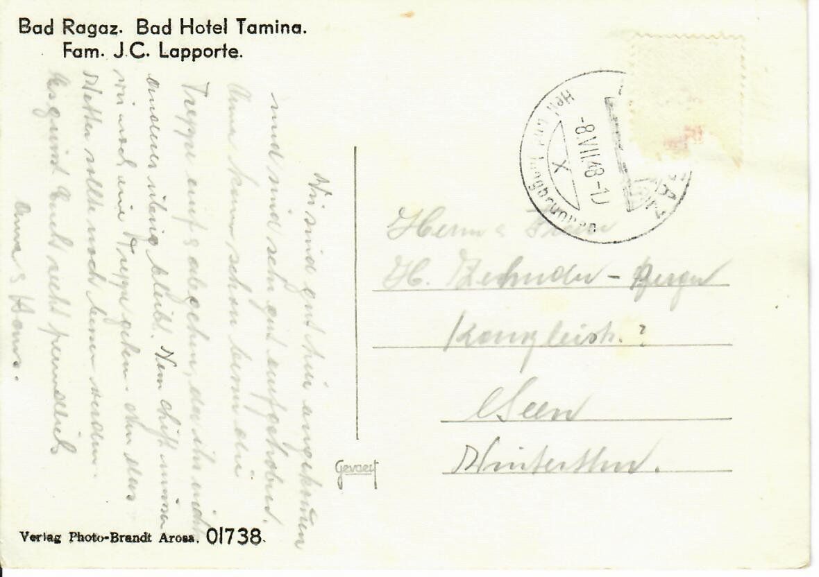 Cartoline postali: Bad Ragaz - Bad Hotel Tamina 1948 – Usato da Hochdorf venduto da Ziegel-16 1