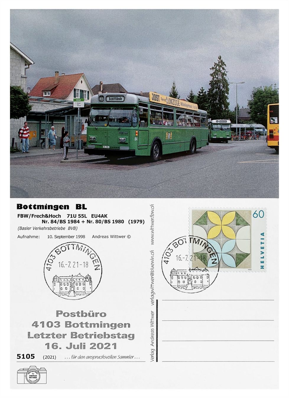 Cartoline postali: Bottmingen Arlesheim Basel Letzttag Post Bus BVB FBW 71U55L – Nuovo (secondo la descrizione) da Bern venduto da AWiBe