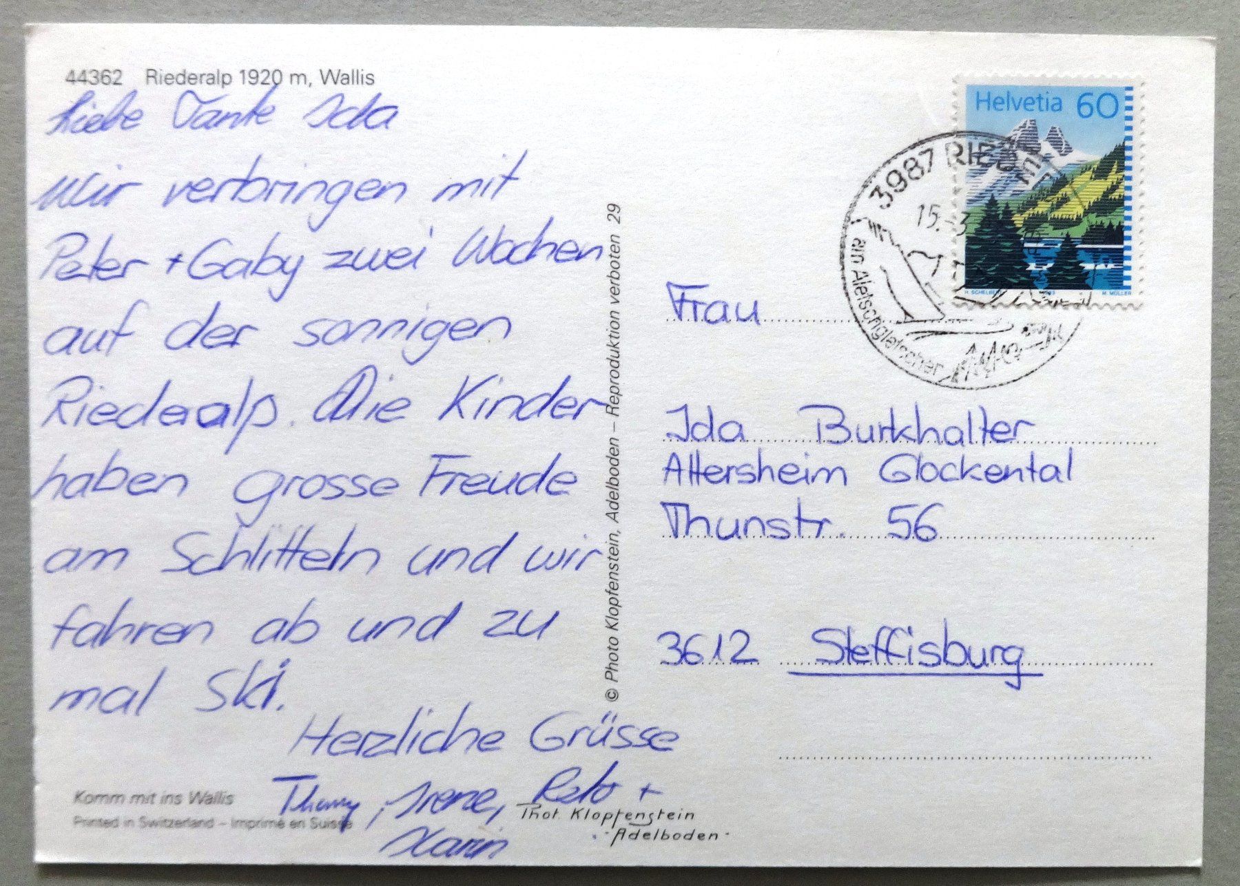 Cartoline postali: Riederalp 1920 m, Wallis – Usato da Fétigny venduto da Billy2miny 1