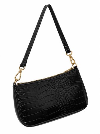 Handtasche schwarz Kroko-Optik mit goldfarbenen Details