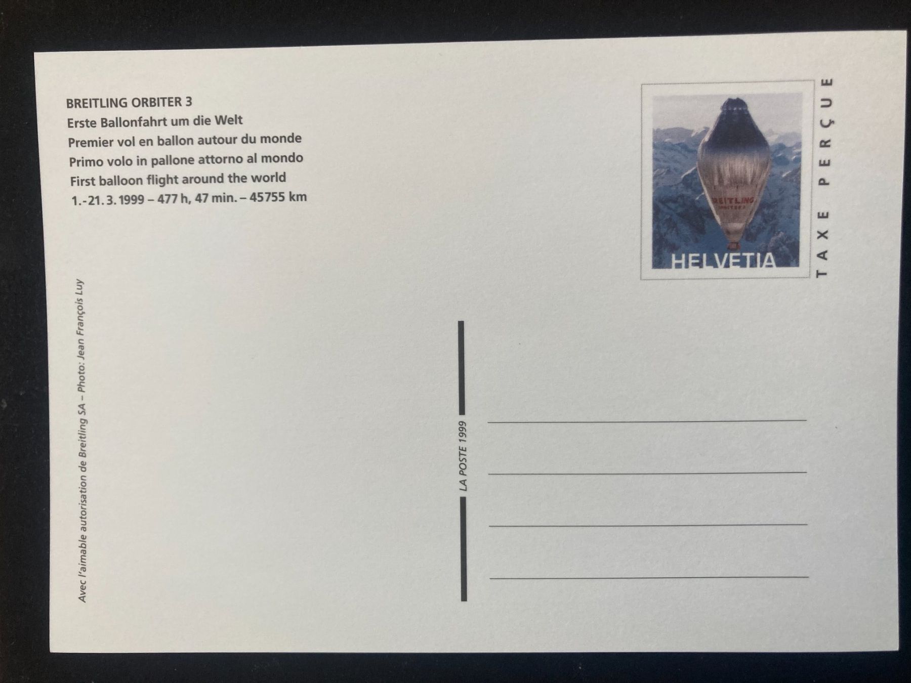Alle Briefmarken: Schweiz 1999 Bildpostkarte Breitling Orbiter Non-stop postfr – Neu (gemäss Beschreibung) aus Winterthur von schnueps 1