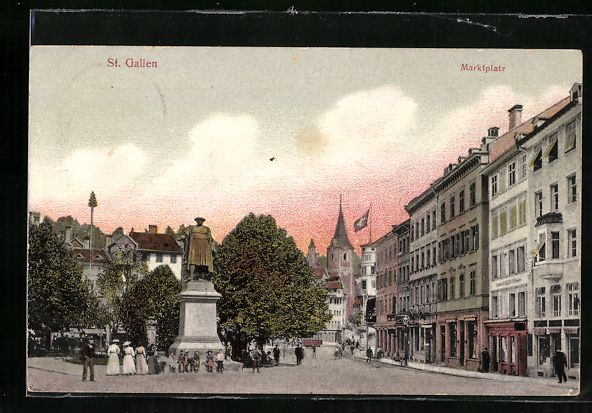 Ansichtskarten: AK St. Gallen, Marktplatz mit Denkmal – Gebraucht aus Berlin von bartko-reher