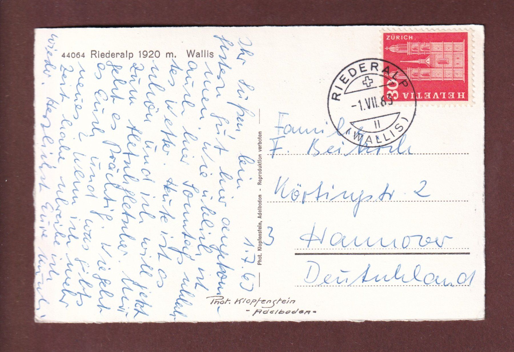 Cartes postales: RIEDERALP - 1963 – D'occasion à Pully par nicecards-shop 1