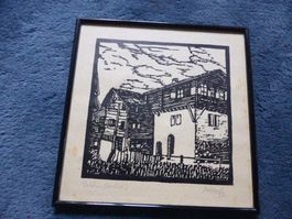 Antiker Holzschnitt,Walliser-Dorf,original signiert!