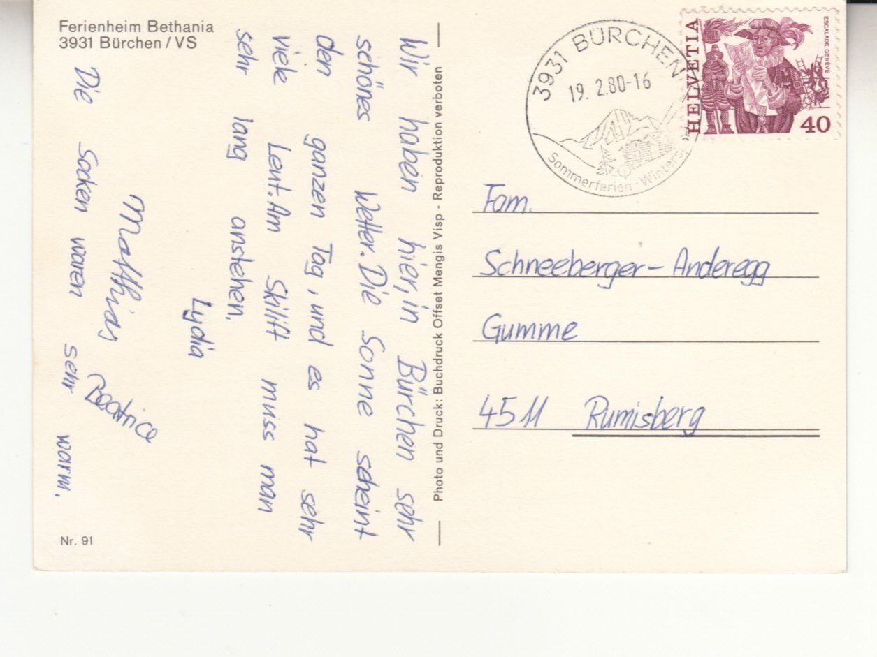 Ansichtskarten: Bürchen Bethania 1980 – Gebraucht aus Bürglen TG von StampGraf 1