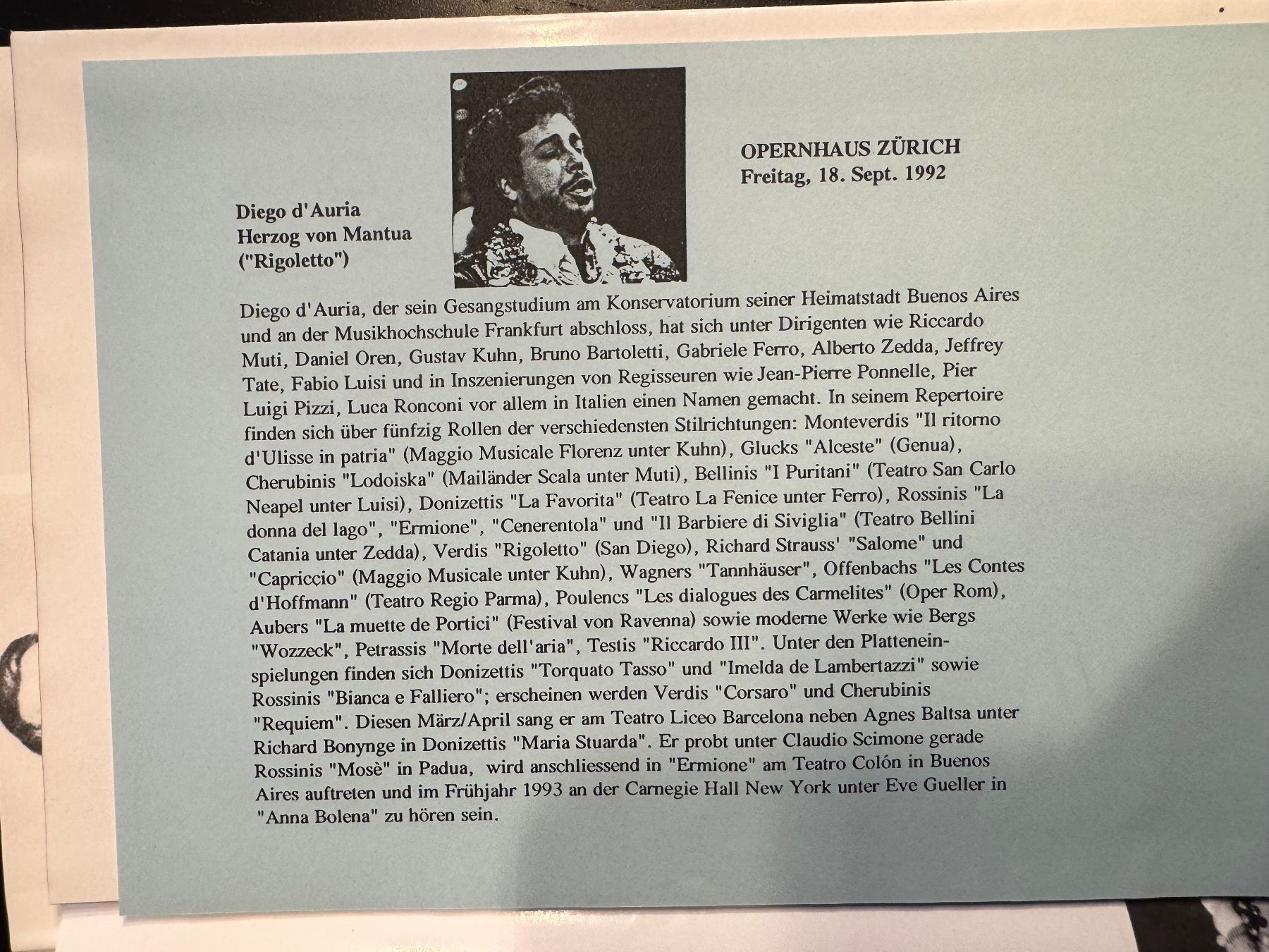 Documenti: Rigoletto Opernhaus Zürich Programmheft 1992 – Usato da Erstfeld venduto da Uhu1980 1