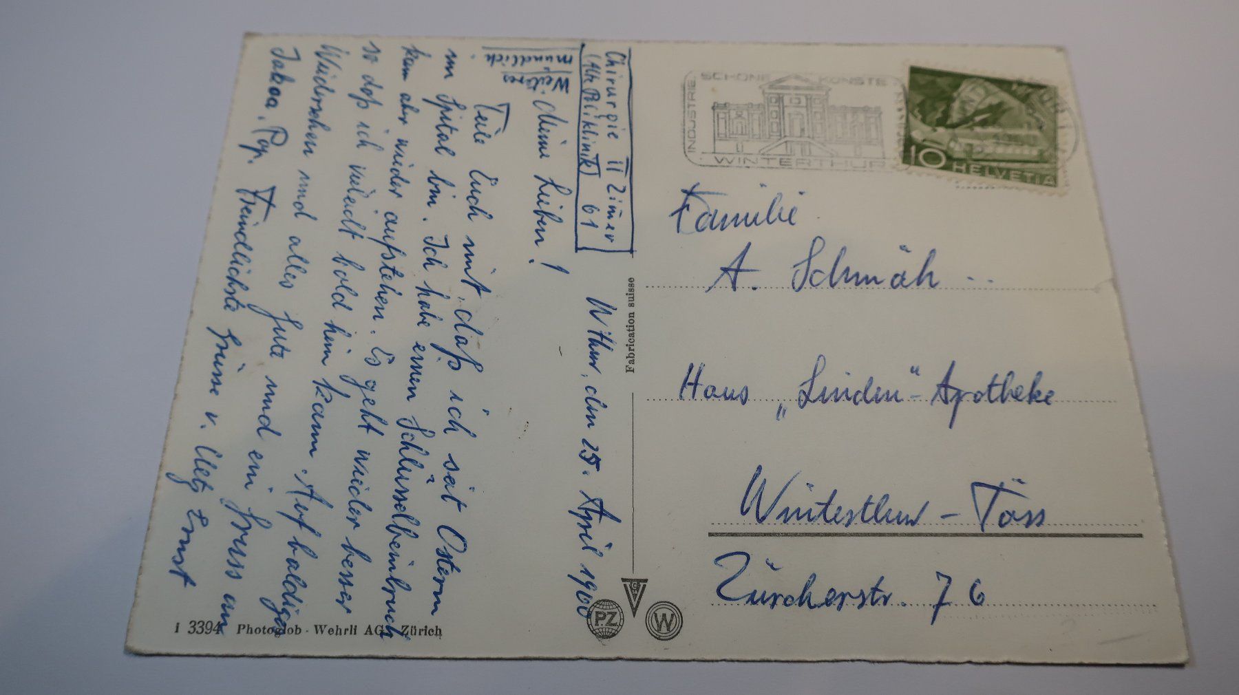 Cartoline postali: Winterthur Kantonalspital 1960 – Usato da Cormoret venduto da Pascalll2001 3