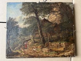 Tableau ancien, paysage bucolique, signature de artiste. 55c