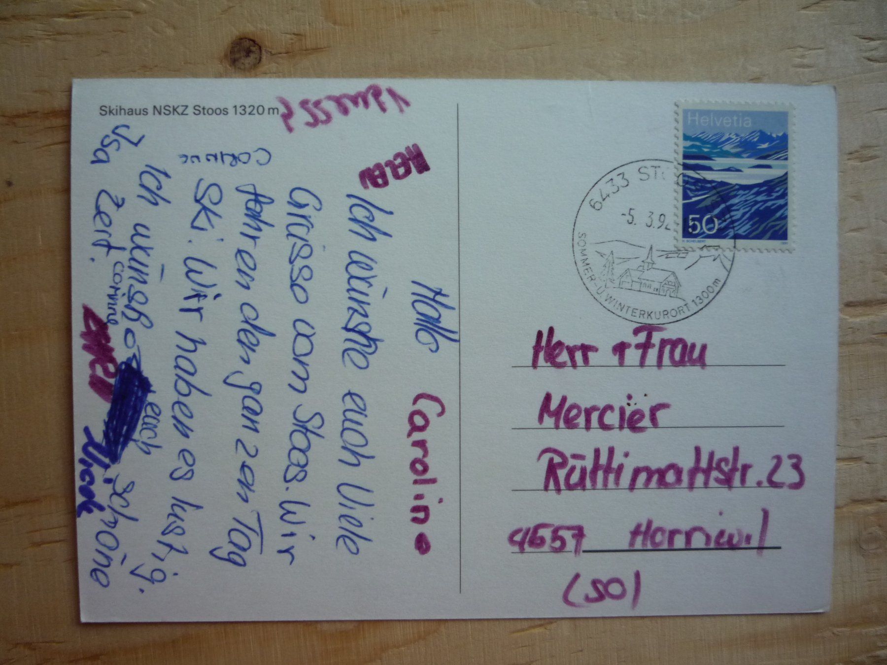 Cartoline postali: Skihaus NSKZ, Stoos, 5.3.92 – Usato da Rieden SG venduto da Brockehuesli 1