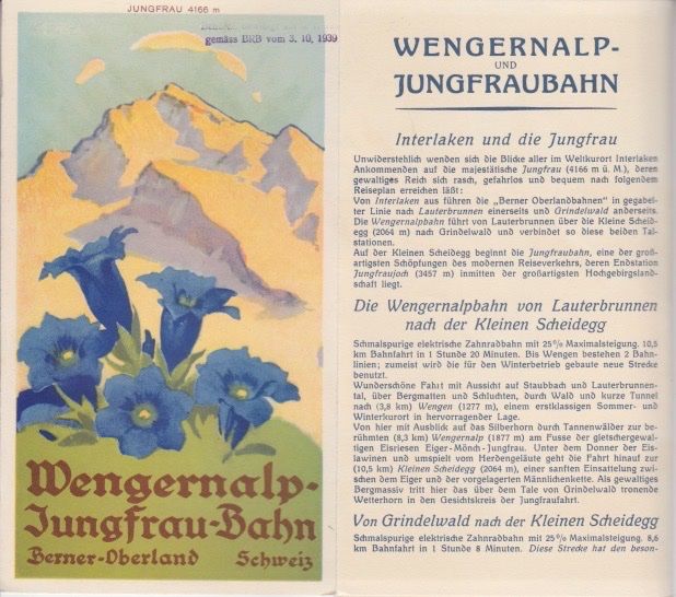 Dokumente: Alter Farbprospekt der WENGERNALP u.JUNGFRAUBAHN. – Gebraucht aus Schlieren von Rapaelli