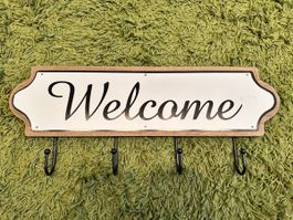 Welcome Wandschild mit Haken, Holz, in gutem Zustand!
