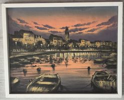 Mediterraner Hafen im Abendlicht - stimmungsvolles Ölgemälde