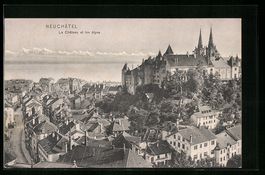 AK Neuchâtel, La Château et les Alpes