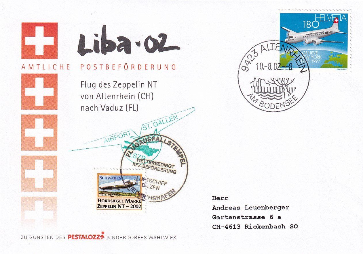 Alle Briefmarken: Liba 02 Zeppelin NT Altenrhein - Vaduz 2002 – Gebraucht aus Baar von Asmara111