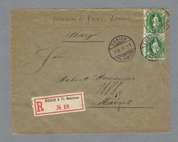 1892, EING. BRIEF, 2 x 25 RP. STEHENDE H., VOLL-0 ZÜRICH, Ia
