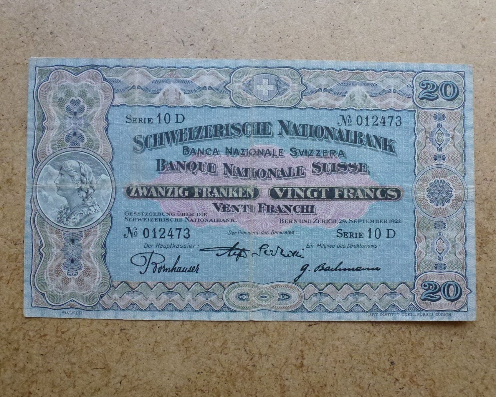 Banconote: ++ 20.- Franken 29. Sept. 1927 – Usato da Walkringen venduto da Casablanca777