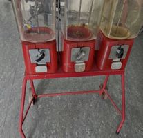 Red Gumball Machine Triple Dispenser with Stand