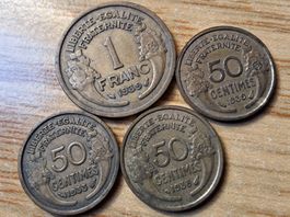 Frankreich 50 C. + 1 F 1933/39 Type Morlon - Lot 4 Stück!