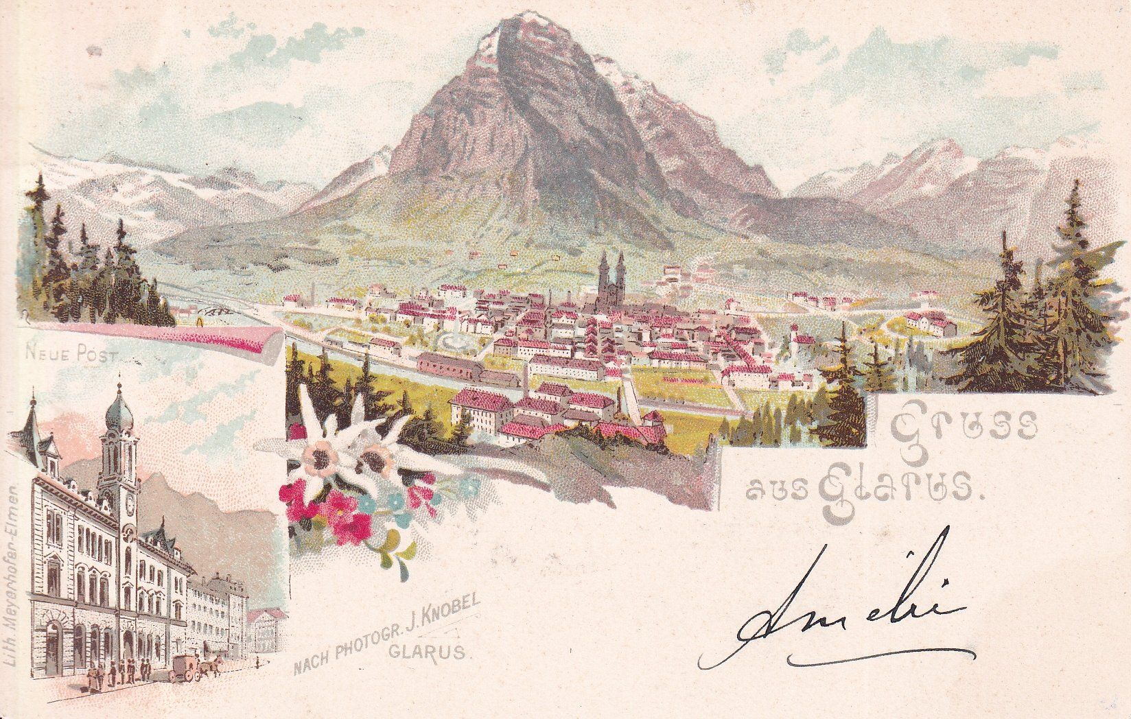 Cartoline postali: Glarus   GL   und Neue Post      -   LITHO    um 1901 – Usato da Brig venduto da Valcards54