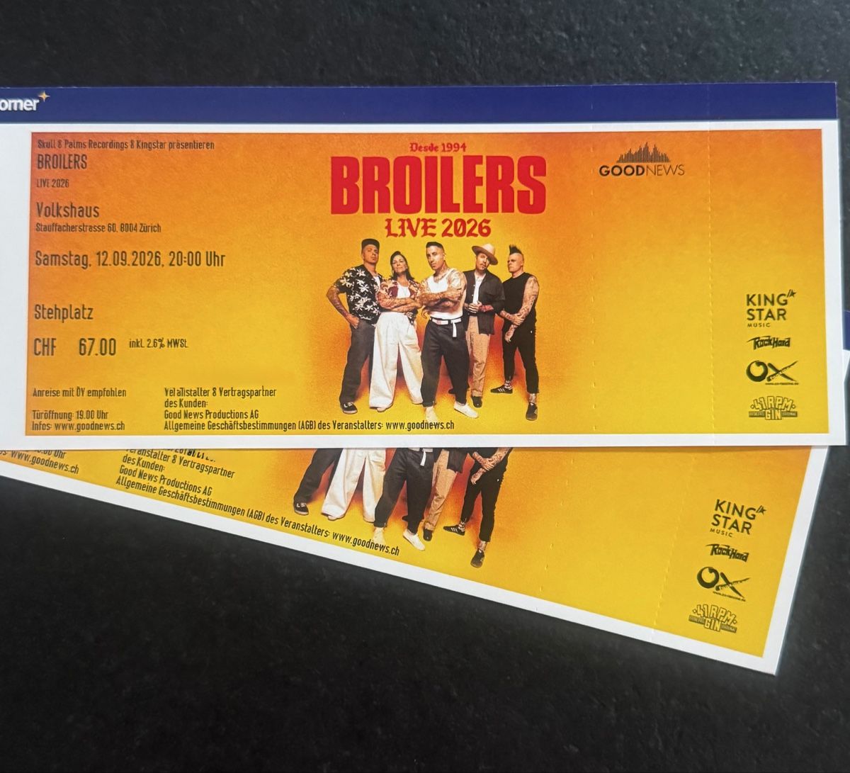 Tickets: 2x Broilers Tickets 12.09.26 in Zürich Stehplätze – Neu (gemäss Beschreibung) aus Niederbüren von Debby09
