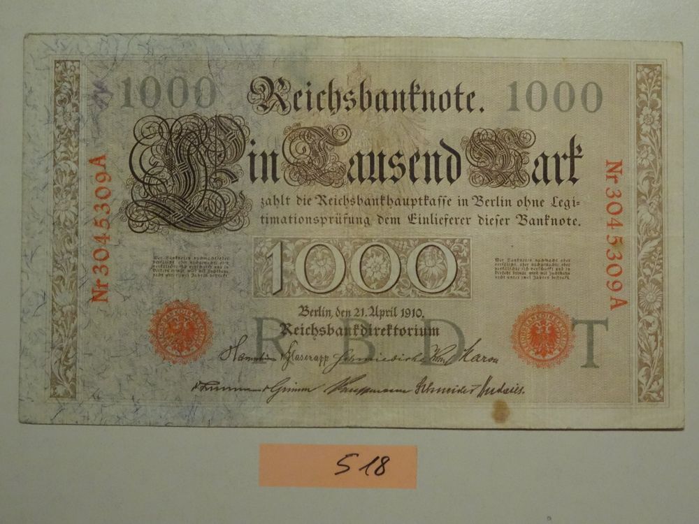 Dt. Reich Reichsbanknote 1000Mark 21.April 1910 | Kaufen auf Ricardo