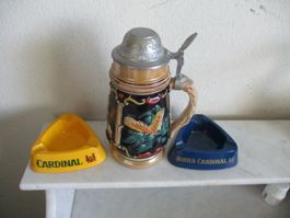 1 alter Bierkrug CARDINAL + 2 Vintage Aschenbecher CARDINAL