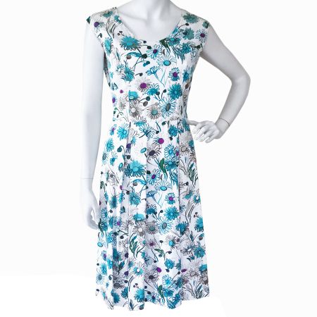 Kleid Gr. S/M ärmellos weiss blaue Blumen VINTAGE 1960s