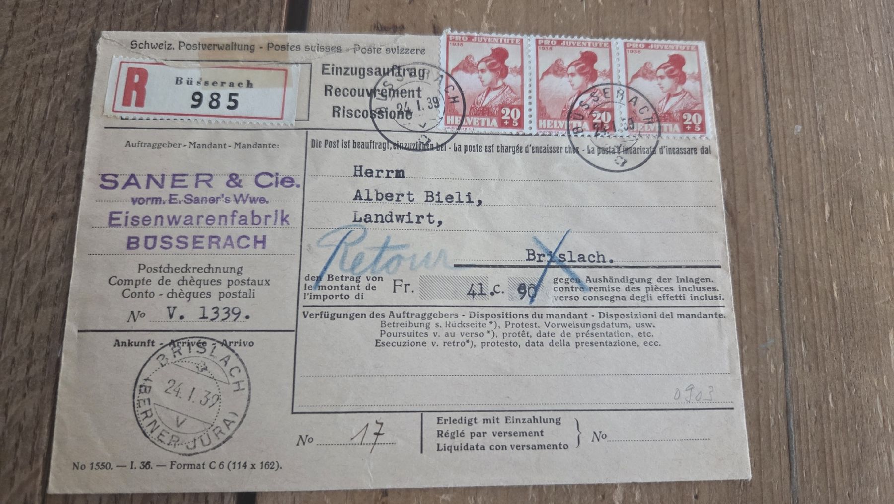 Alle Briefmarken: 1939 Einzugsmandat Pro Juventute – Gebraucht aus Arni AG von Moth68