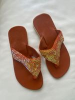 SUMMERTIME - stylische Flip-Flops mit Pailletten, orange, 38
