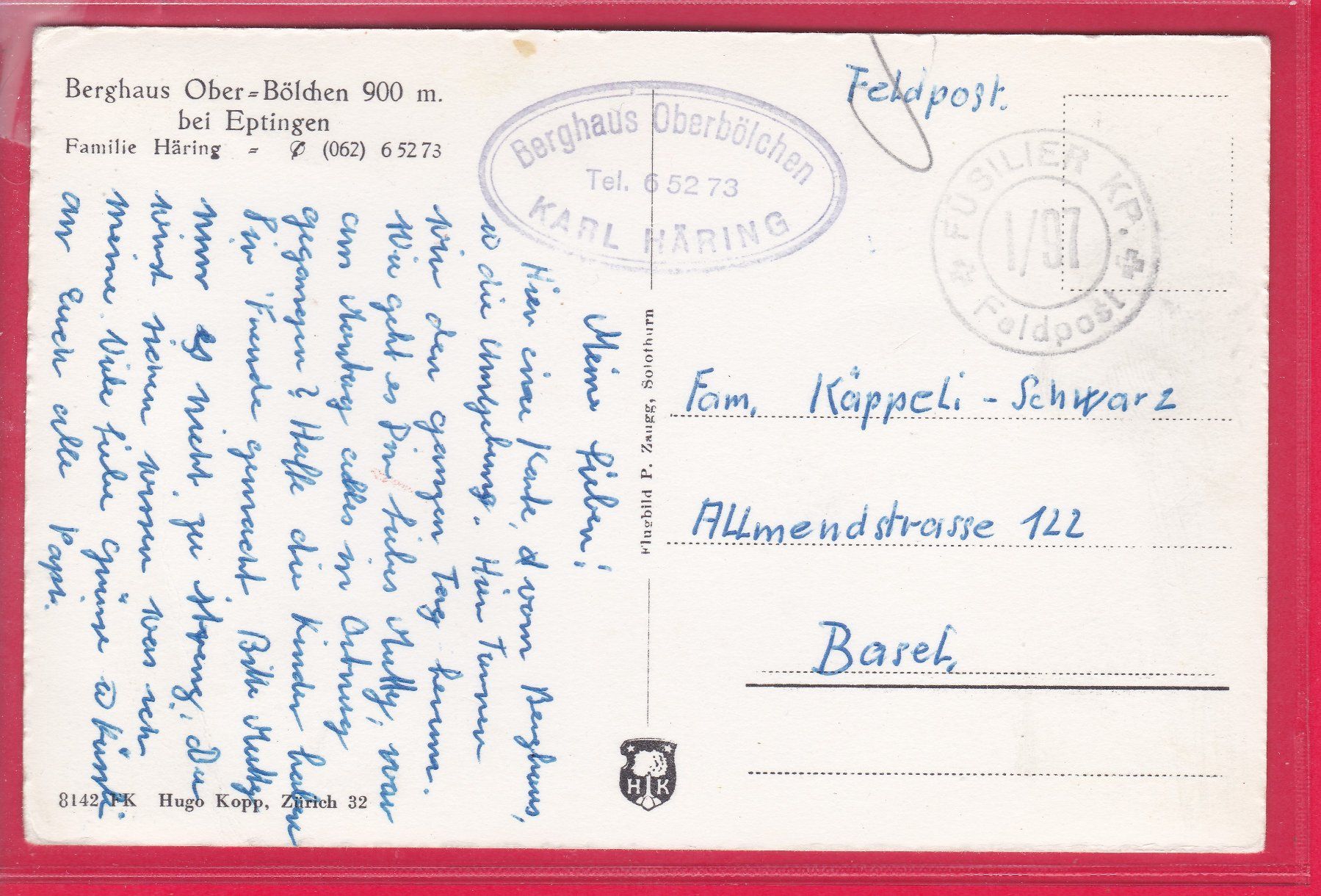 Cartoline postali: BERGHAUS OBER-BÖLCHEN BEI EPTINGEN, FELDPOST – Usato da Oberrieden venduto da Gebirgsstelze 1