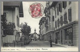 1908, RENENS, AVENUE DE LA GARE, ANIMÉE. TRÈS BELLE CARTE!