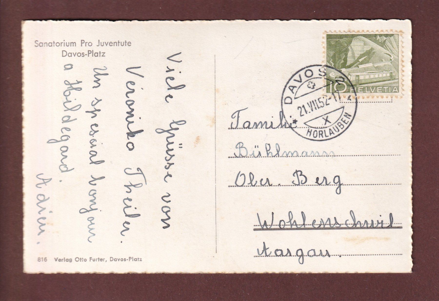 Cartoline postali: DAVOS-PLATZ - Sanatorium Pro Juventute - 1952 – Usato da Pully venduto da nicecards 1