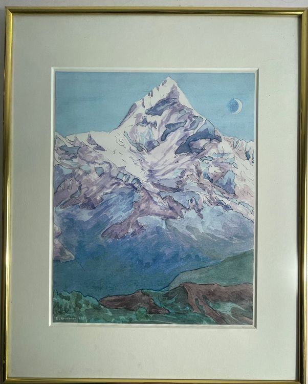 E.BRUERER AQUARELL BERGMASSIV MIT ALURAHMEN GRÖSSE 50X40CM 2