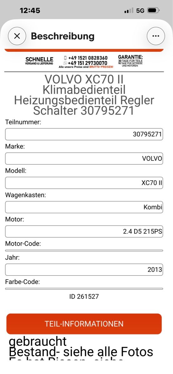 Volvo Tutti pezzi di ricambio auto: Klimabedienteil Volvo xc70 – Usato da Benglen venduto da Jeki1212 5