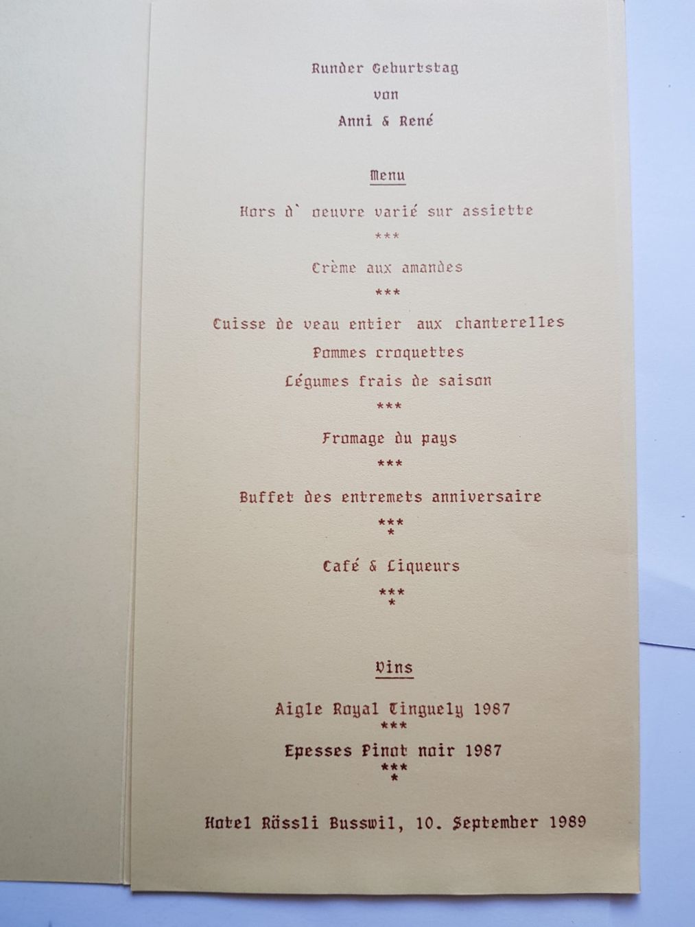 Cartoline postali: Menu Busswil, Hotel Restaurant Rössli , 10.09.1989 – Usato da Sonceboz-Sombeval venduto da Monika60 1