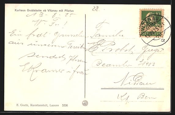 Cartoline postali: Vitznau, Kurhaus Grubisbalm mit Pilatus – Usato da Berlin venduto da bartko-reher 1
