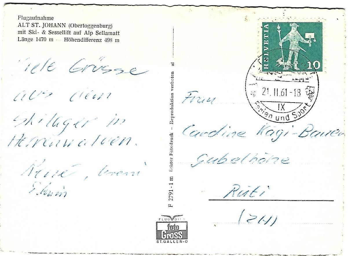 Cartoline postali: Flugaufnahme Alt St.Johann – Usato da Wetzikon ZH venduto da Brulu100 1