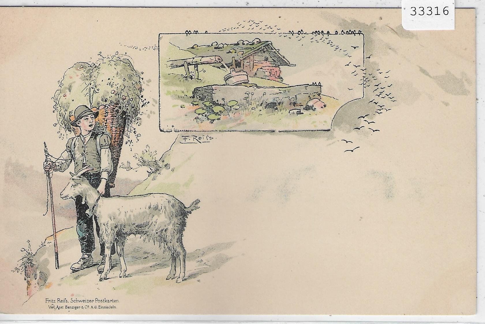 Cartoline postali: Bergbauerbub mit Ziege - Fritz Reifs - Litho – Usato da Ettingen venduto da Kartenplanet