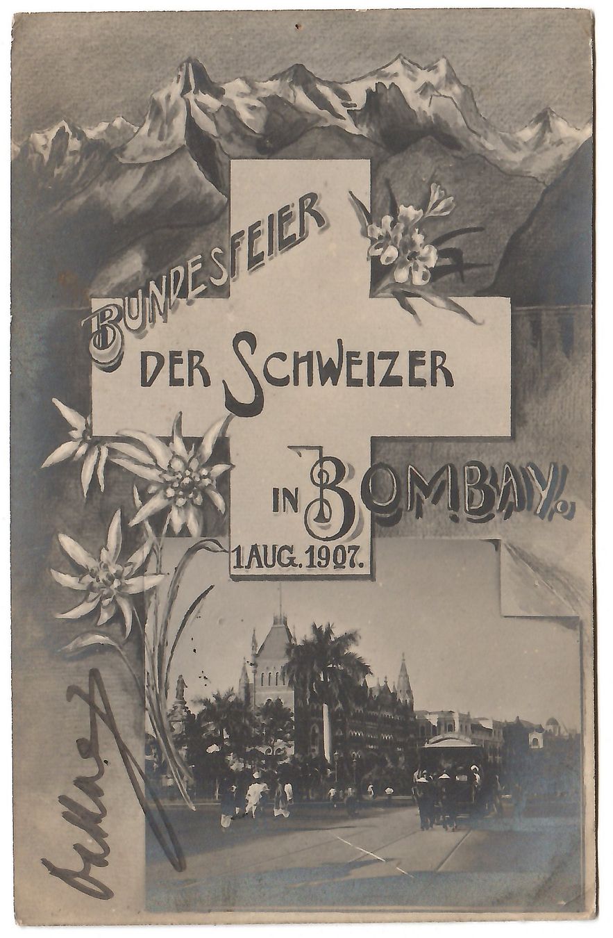 Cartoline postali: Ansichtskarte  'Bundesfeier der Schweizer in Bombay  1907' – Usato da Kerns venduto da etma3