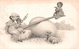 Osterkarte. Zwei Kleinkinder auf einer Wippe