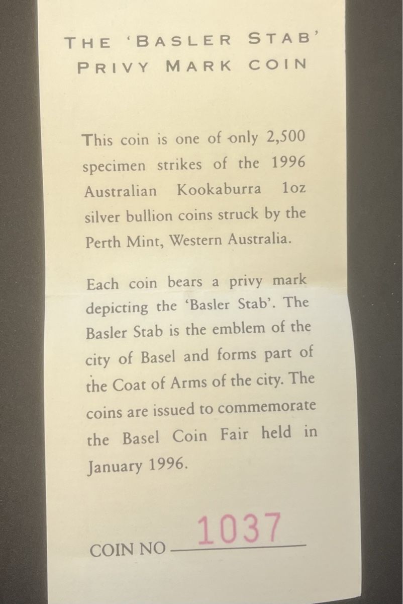 Tutti le monete: Australien 1996 Kookaburra 1oz Silber Privymark Basler Stab – Nuovo (secondo la descrizione) da Untersiggenthal venduto da Panjshir 5