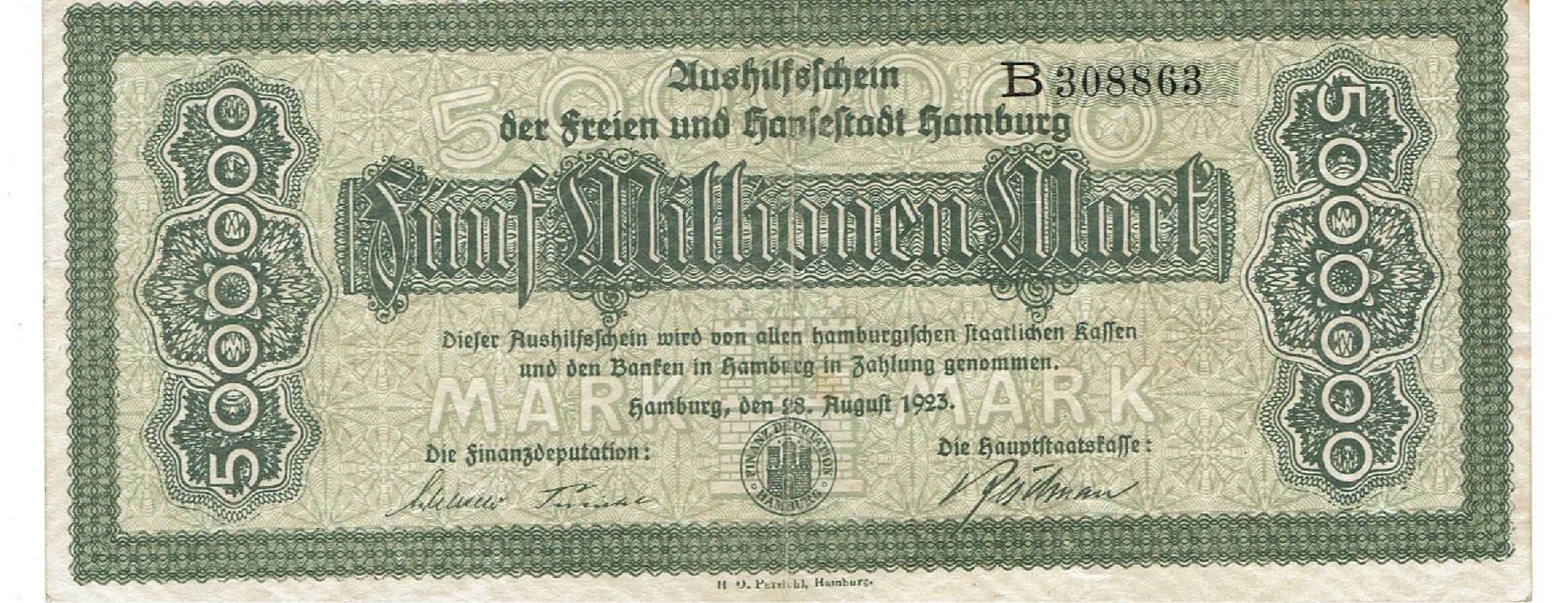 Banconote: Hamburg 5 Mil. Mark 28.08.1923 VZ – Usato da Steffisburg venduto da ber_8htf