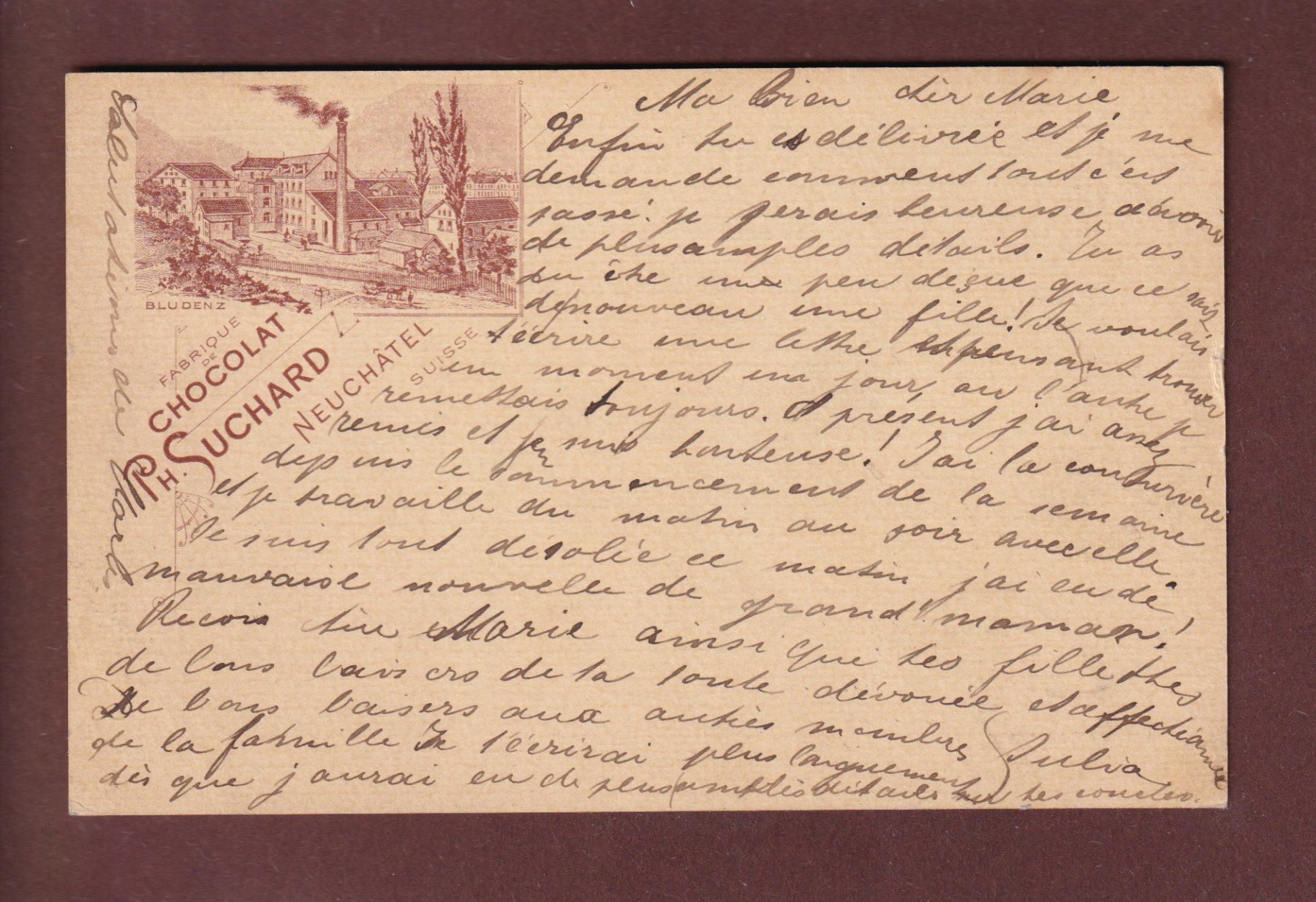 Cartoline postali: NEUCHÂTEL - Fabrique de Chocolat Suchard - BLUDENZ - 1898 – Usato da Pully venduto da nicecards