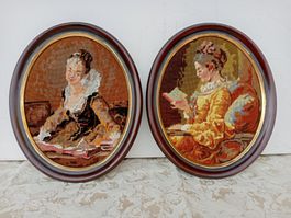 2er Set Vintage Gobelin Stickbilder im ovalen Holzrahmen