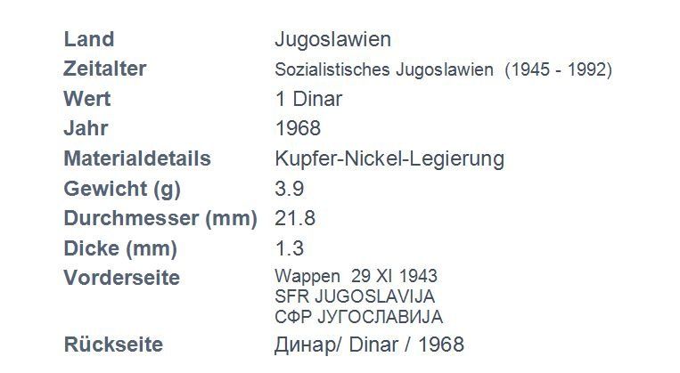Tutti le monete: 1 Dinar 1968 UNZ – Usato da Flamatt venduto da samowarow 1