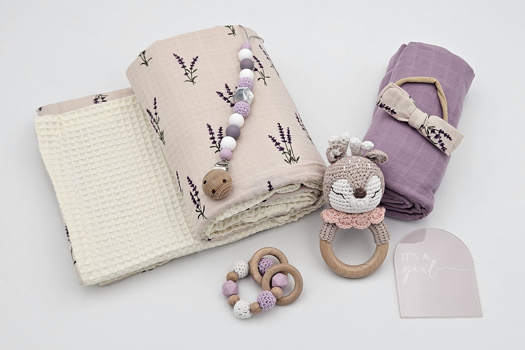 Giocattoli: Baby Set: Decke, Mulltuch, Schnullerkette, Greifling, Rassel – Nuovo (secondo la descrizione) da Cham venduto da _Chruesimuesi_ 1